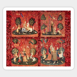 FOUR LADY AND UNICORN STORIES ,Fantasy Flowers,Animals, Red Green Floral Tapestry Sticker